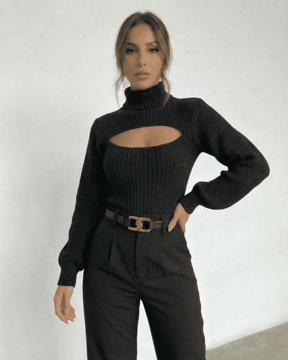 Sarina Sweater by Slimona - Chic black hollow out mock neck, slim fit design. Perfect for modern elegance.