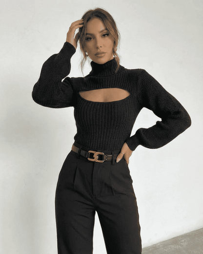 Sarina Sweater by Slimona - Chic black hollow out mock neck slim fit sweater for modern elegance.