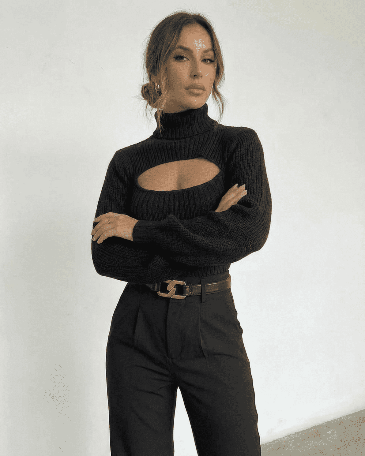 Sarina Sweater by Slimona - Chic black hollow out mock neck slim fit sweater showcasing modern elegance.