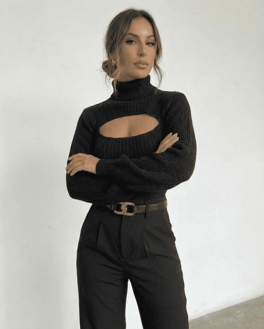 Sarina Sweater by Slimona - Chic black hollow out mock neck slim fit sweater showcasing modern elegance.