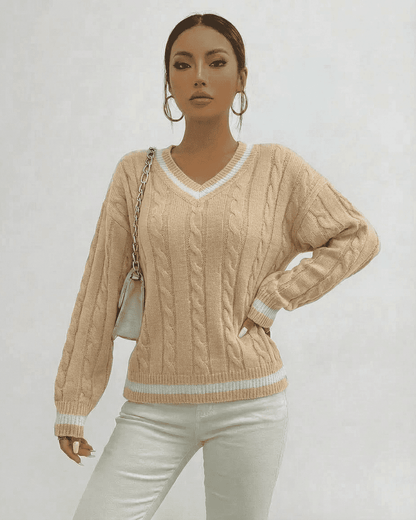 Savona Sweater by Slimona, cable knit V-neck pullover in beige, perfect for fall and winter wardrobe.