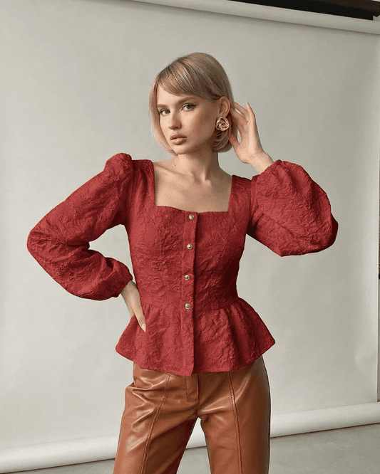 Scarlet Corset Top by Slimona in deep red, featuring a square neckline and puff sleeves, showcasing elegant design.