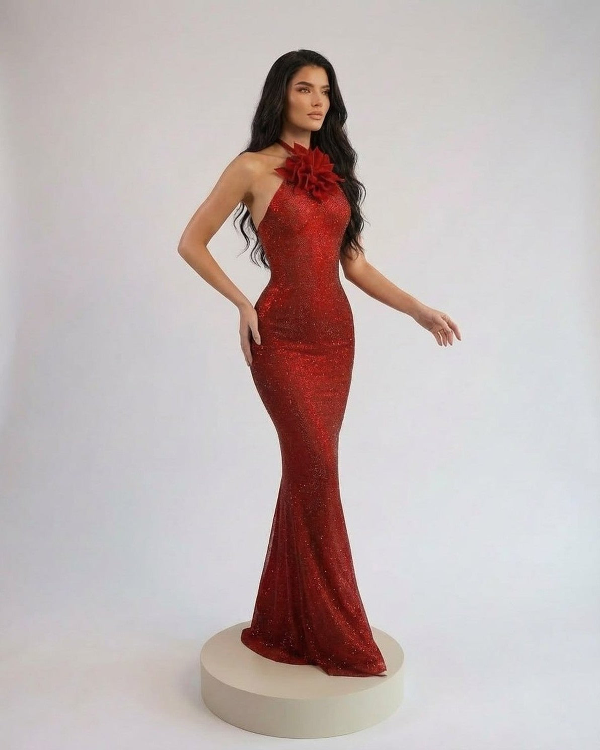 Scarlet Maxi Dress by Slimona, showcasing halter neck and floral detail, featuring a sleek floor-length silhouette.