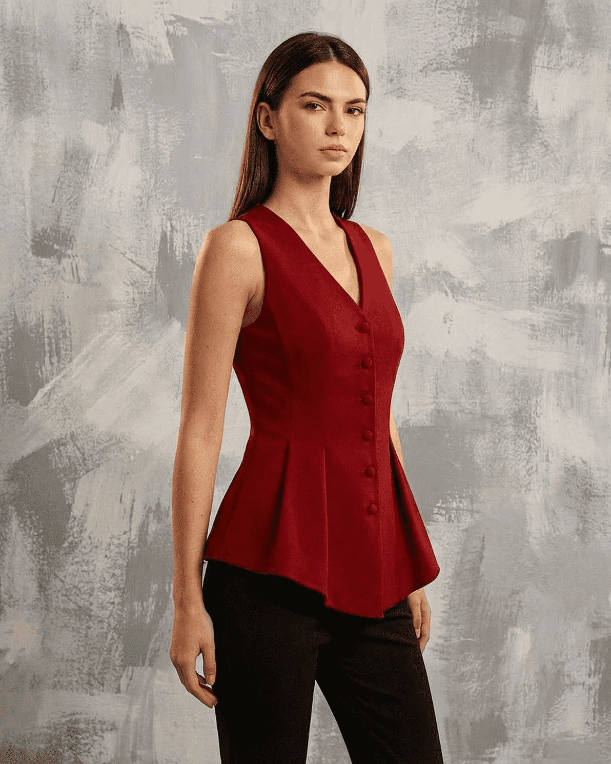 Slimona Scarlett Blouse in rich red tone, tailored sleeveless V-neck design with button-front for elegant style.