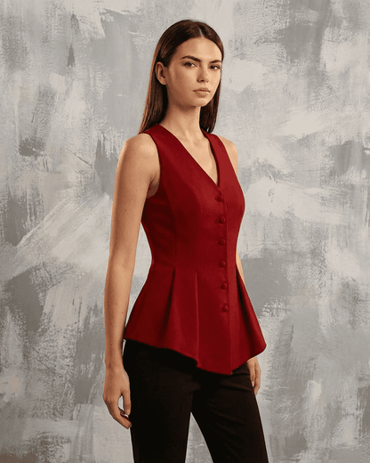Slimona Scarlett Blouse in rich red tone, tailored sleeveless V-neck design with button-front for elegant style.