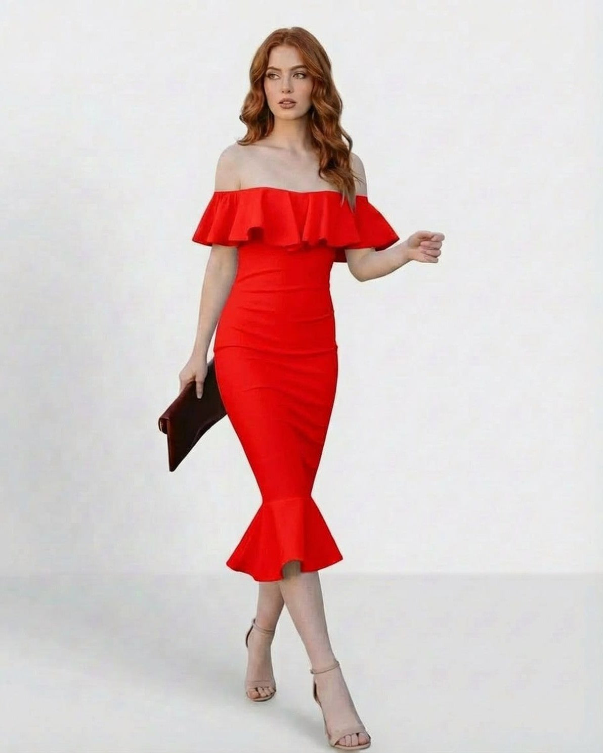 Scarletté Midi Dress by Slimona - Off Shoulder Ruffled Midi Dress with Bodycon Fit for Cocktail Events