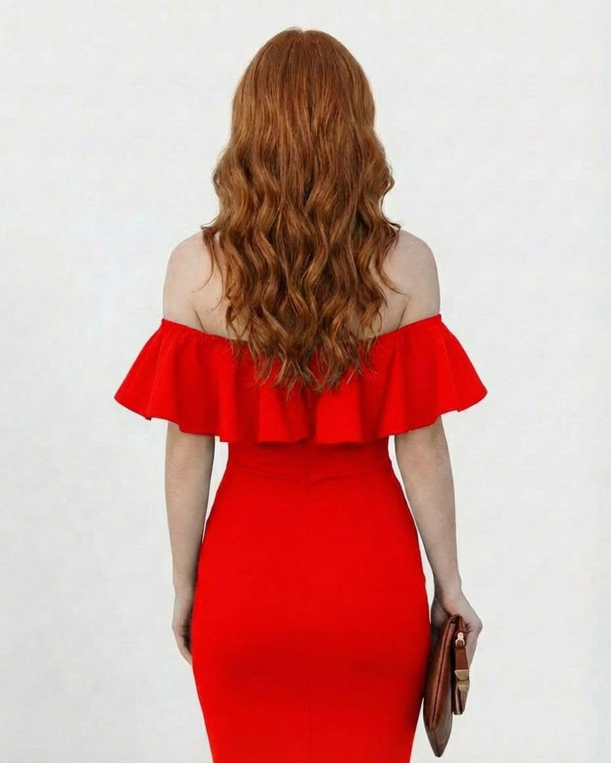 Scarletté Midi Dress by Slimona, off shoulder red dress with bold ruffled neckline and bodycon fit.