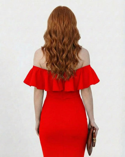 Scarletté Midi Dress by Slimona, off shoulder red dress with bold ruffled neckline and bodycon fit.