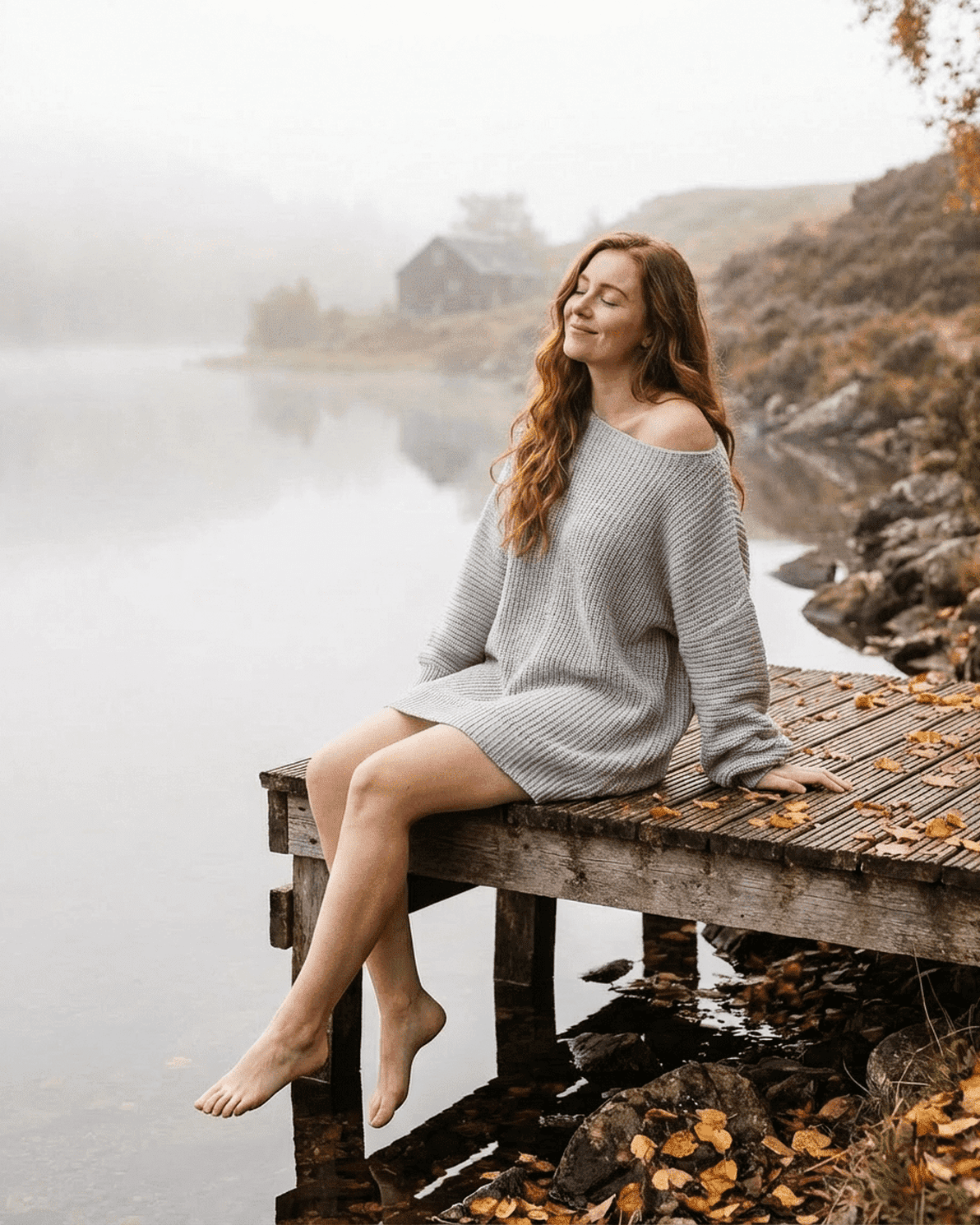 Selene Mini Dress by Slimona - Cozy grey ribbed knit, off-the-shoulder design, styled on a lake dock.