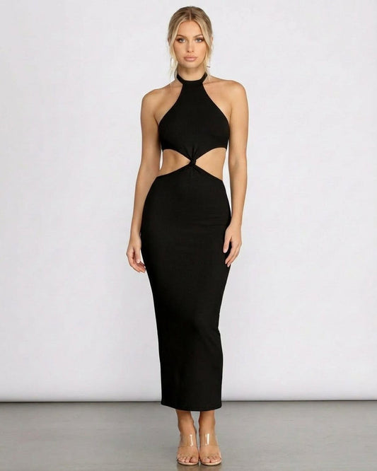 Seren Midi Dress by Slimona - Halter Neck Cut Out Bodycon Midi Dress in sleek black, ideal for warm-weather occasions.