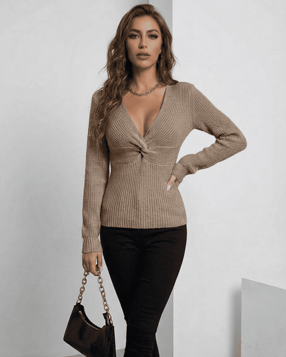 Seren Pullover by Slimona - Elegant ribbed taupe V-neck sweater with a slim fit silhouette.
