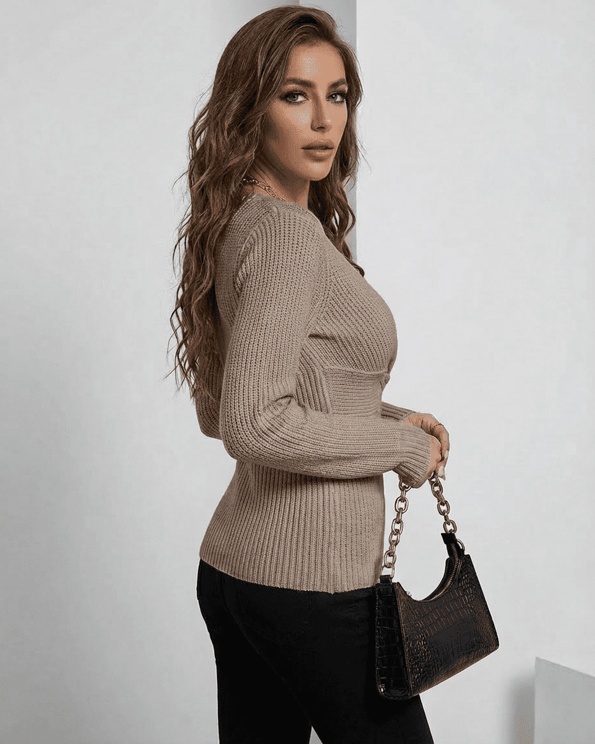 Seren Pullover by Slimona - Elegant ribbed V-neck sweater in taupe, showcasing a slim fit silhouette.