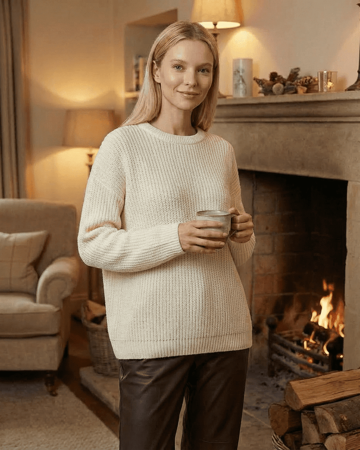 Model wearing Seren Sweater by Slimona, a loose fit thick ribbed knit in ivory, holding a mug by the fireplace.