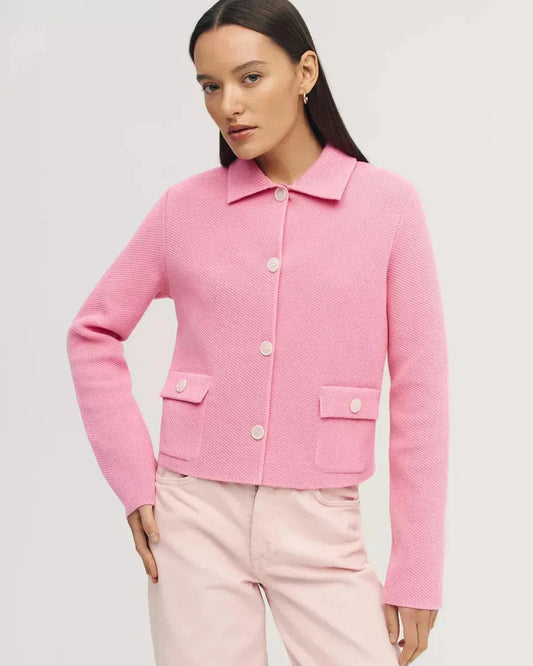 Serena Jacket by Slimona - Cropped pink women's jacket featuring button closure and pockets.