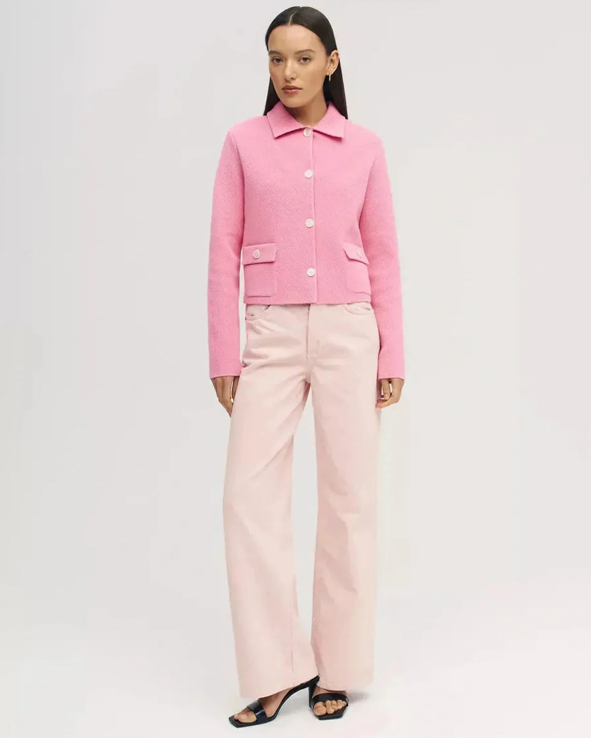 Serena Jacket by Slimona - Cropped pink women's jacket with button closure, stylish and lightweight for modern wardrobes.