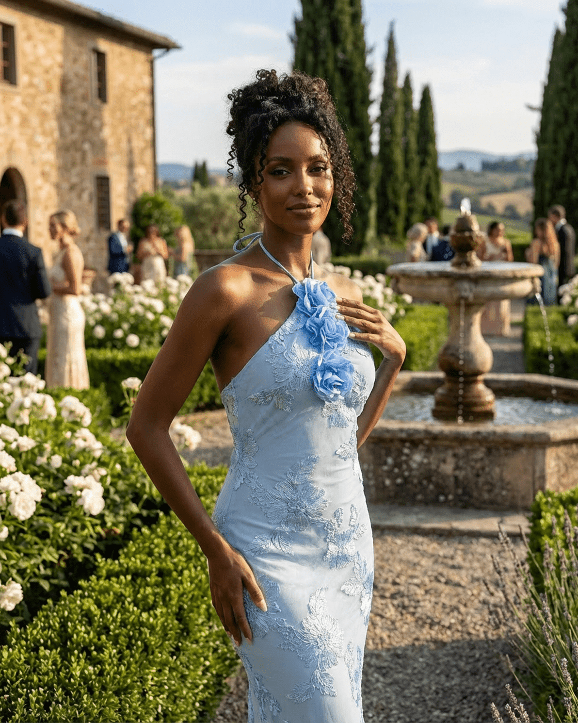 Serena Maxi Dress by Slimona, elegant halter neck design in light blue with 3D floral details
