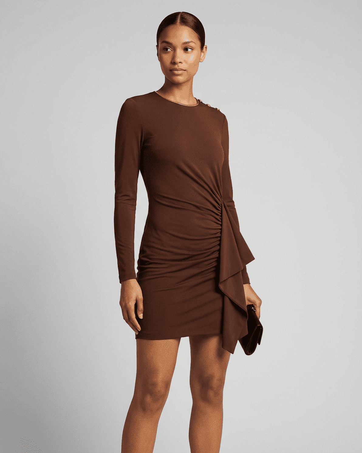 Slimona Sienna Mini Dress - Sexy ruched bandage fitted bodycon round neck mini dress in brown.