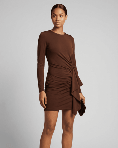 Slimona Sienna Mini Dress - Sexy ruched bandage fitted bodycon round neck mini dress in brown.