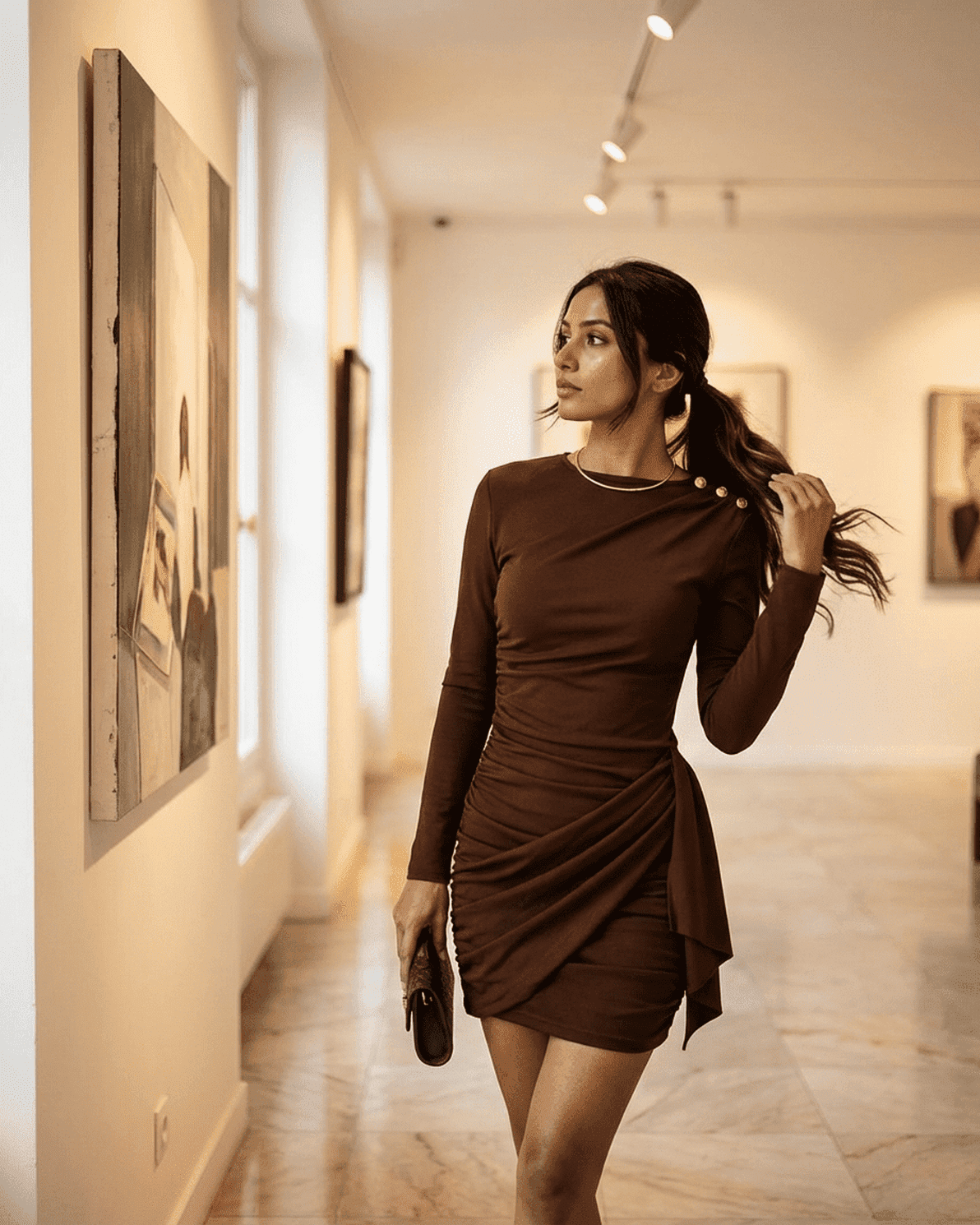 Woman wearing Sienna Mini Dress by Slimona, showcasing ruched detailing in a stylish gallery setting.