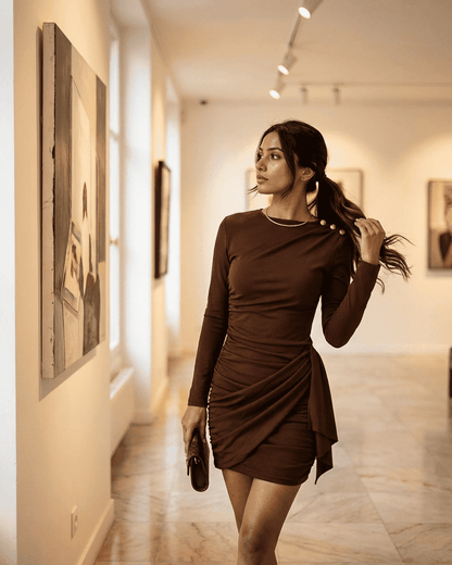 Woman wearing Sienna Mini Dress by Slimona, showcasing ruched detailing in a stylish gallery setting.