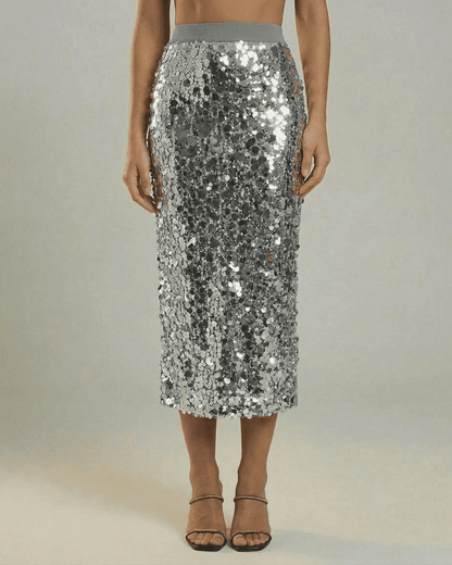 Silvara Midi Skirt by Slimona, a sequin high waist bodycon midi skirt in a sophisticated grey tone.