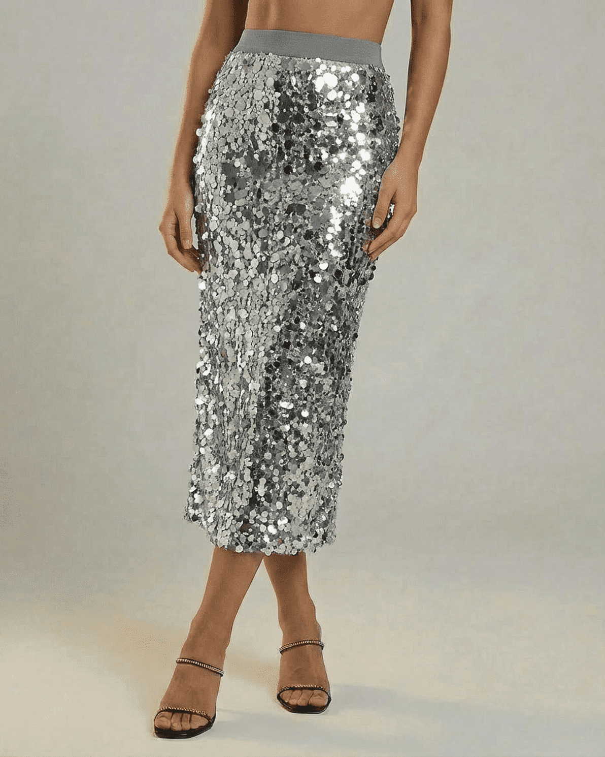 Silvara Midi Skirt by Slimona - a sophisticated sequined bodycon skirt in grey for elegant evening wear.