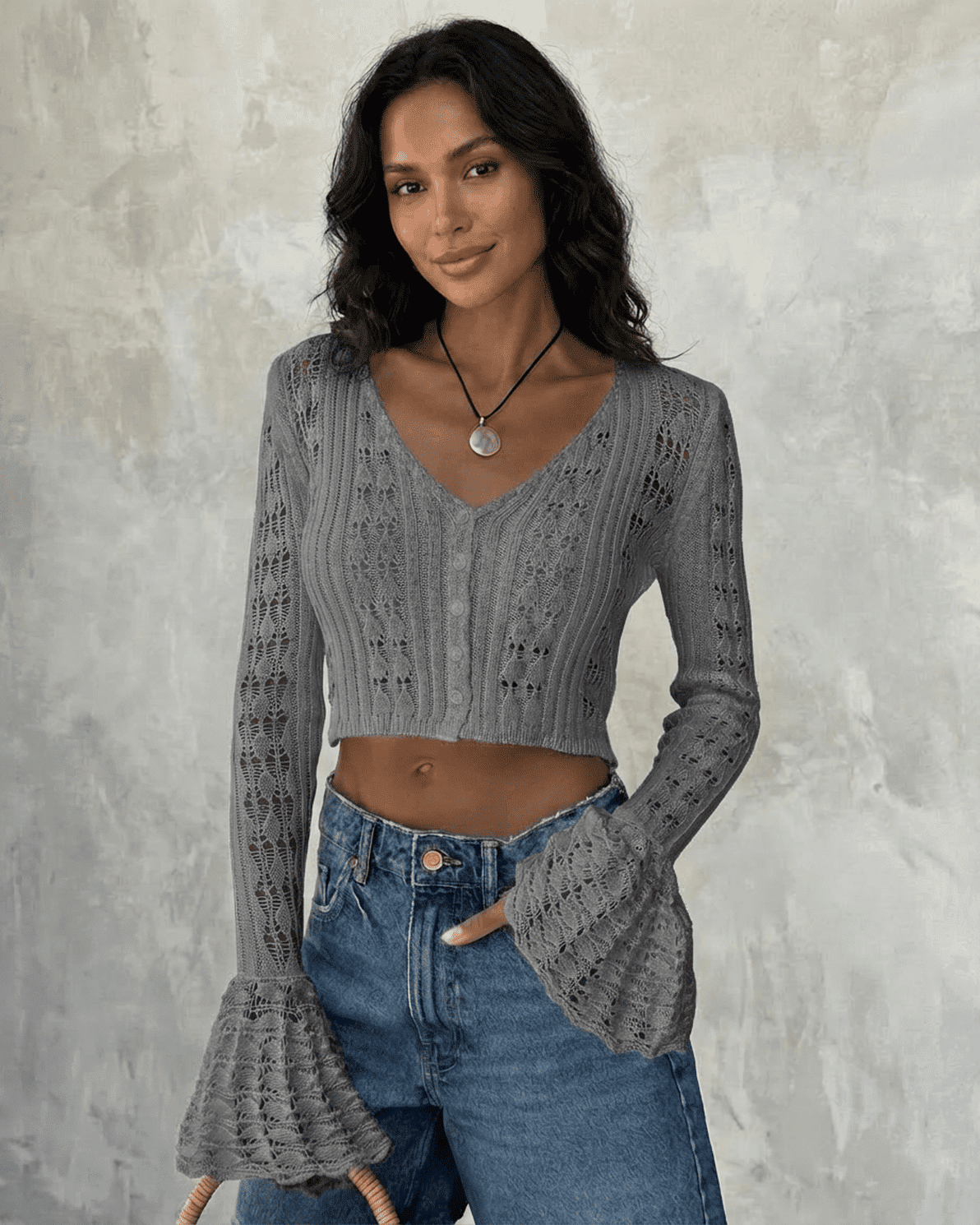 Slate Cardigan by Slimona, cropped cotton knit with flare sleeves and V-neckline, perfect for modern styling.