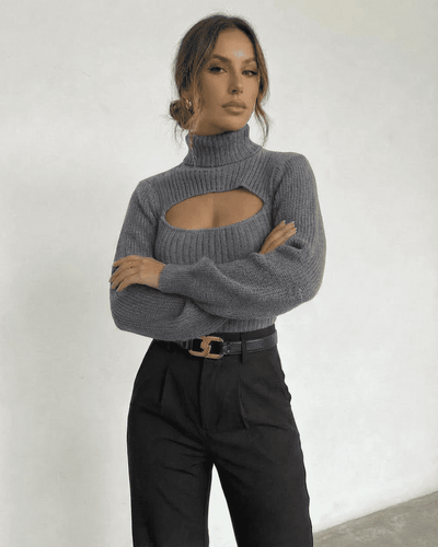Slate Sweater by Slimona, featuring a mock neck and cut out detail in ribbed knit.
