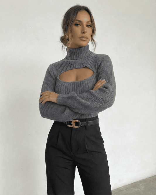 Slate Sweater by Slimona, featuring a mock neck and cut out detail in ribbed knit.