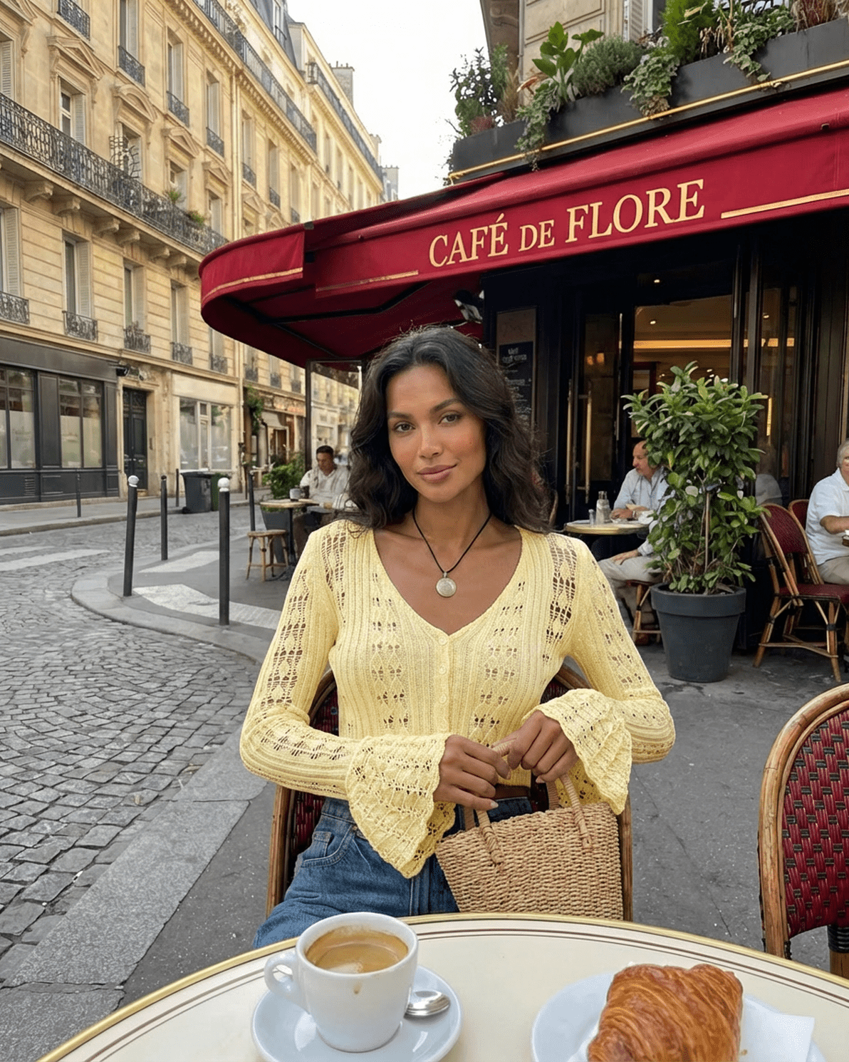 Woman wearing a yellow Solana Cardigan from Slimona, seated at a café with a coffee and pastry.