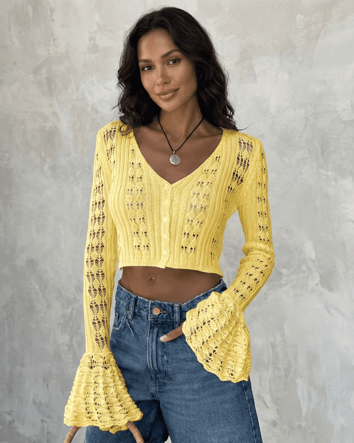 Solana Cardigan by Slimona, cropped yellow cotton knit with flare sleeves and V-neckline.