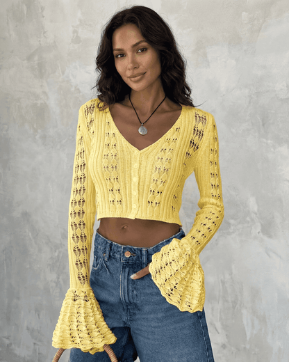 Solana Cardigan by Slimona, cropped yellow cotton knit with flare sleeves and V-neckline.