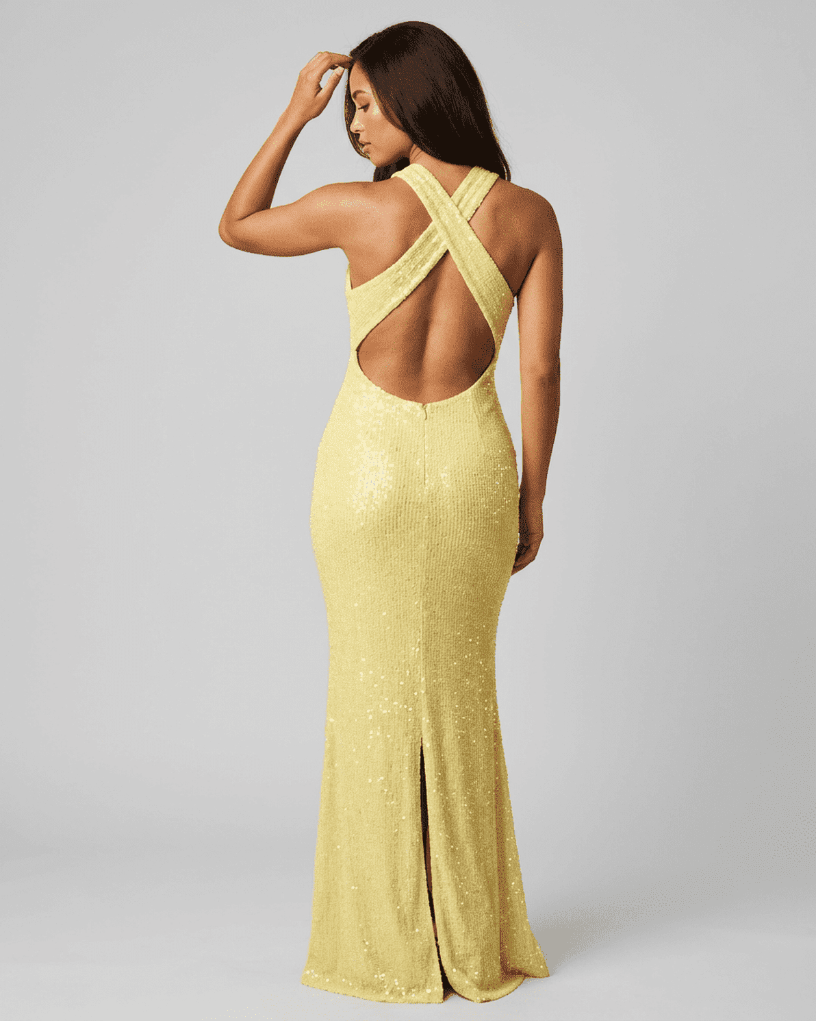 Solara Maxi Dress by Slimona, back view showcasing the elegant backless design and sequined fabric.