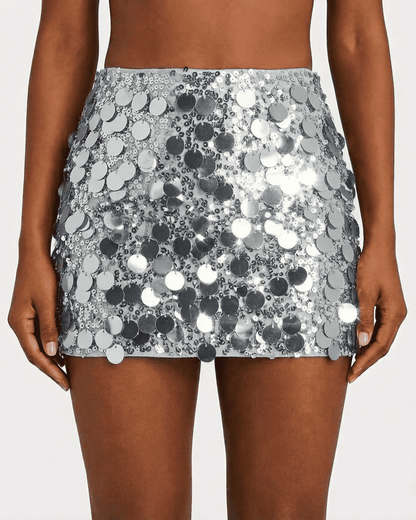 Sterling Mini Skirt by Slimona featuring a silver sequin hem in a glamorous bodycon style.