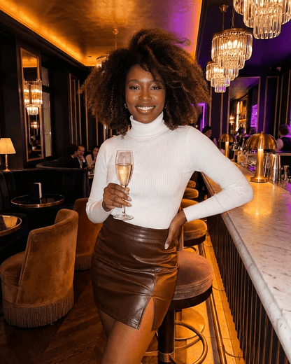 Umbria Mini Skirt by Slimona showcased by a model in a stylish setting, featuring a high-waisted PU A-Line design.