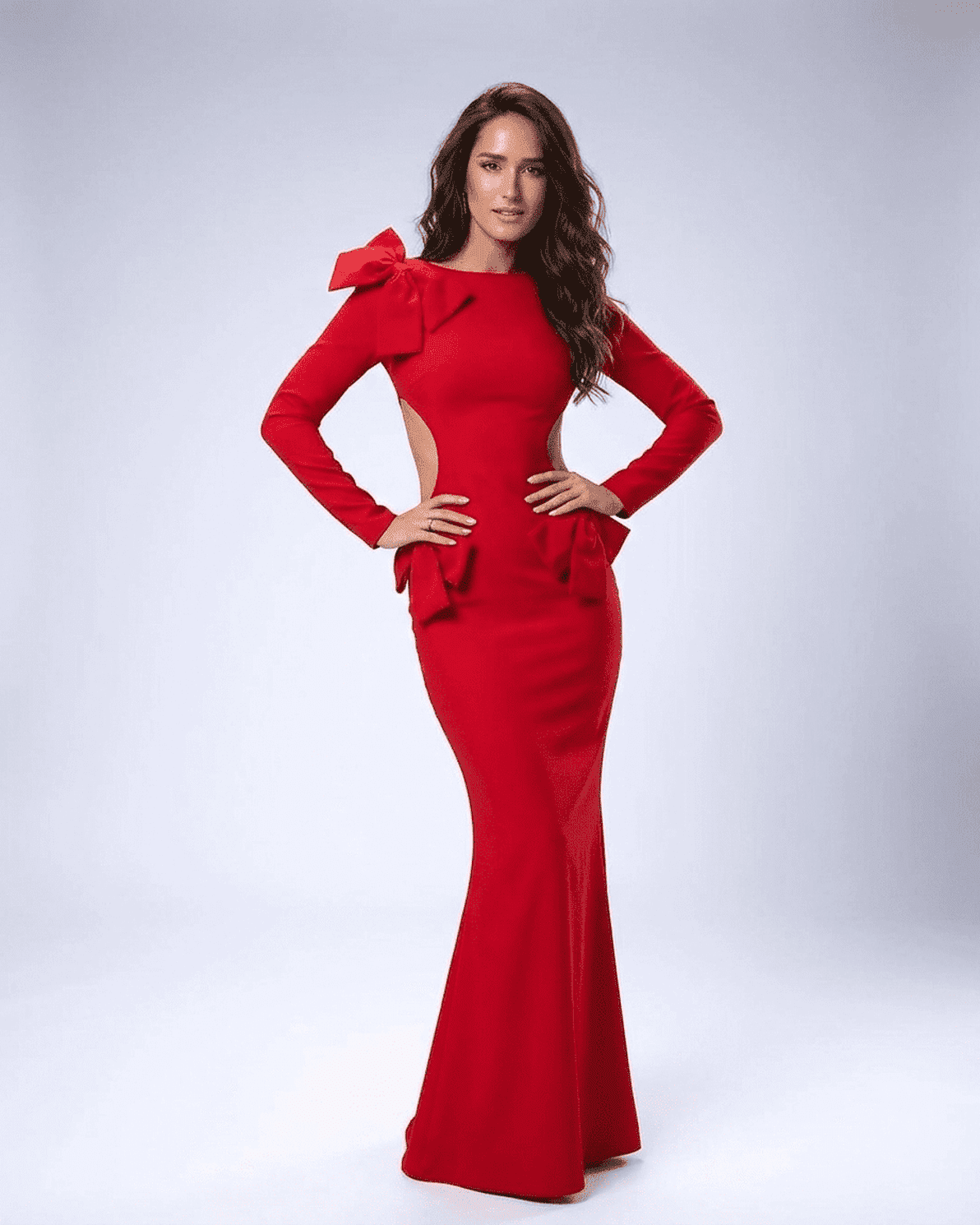 Valencia Maxi Dress by Slimona - Long Sleeve Bodycon Dress with Sculptural Bows in Red