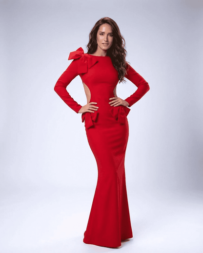 Valencia Maxi Dress by Slimona - Long Sleeve Bodycon Dress with Sculptural Bows in Red