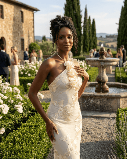 Valeria Maxi Dress by Slimona displayed in a garden setting, featuring elegant halter neck and 3D floral foil print detail.