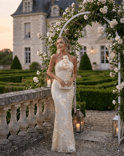 Elegant Valeria Maxi Dress by Slimona featuring 3D floral foil print in a picturesque garden setting.