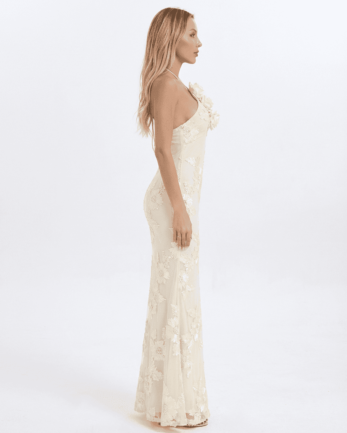 Valeria Maxi Dress by Slimona, elegant halter neck design with 3D floral foil print detail.