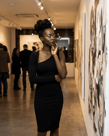 Model showcasing the Vega Midi Dress by Slimona at an art gallery event.