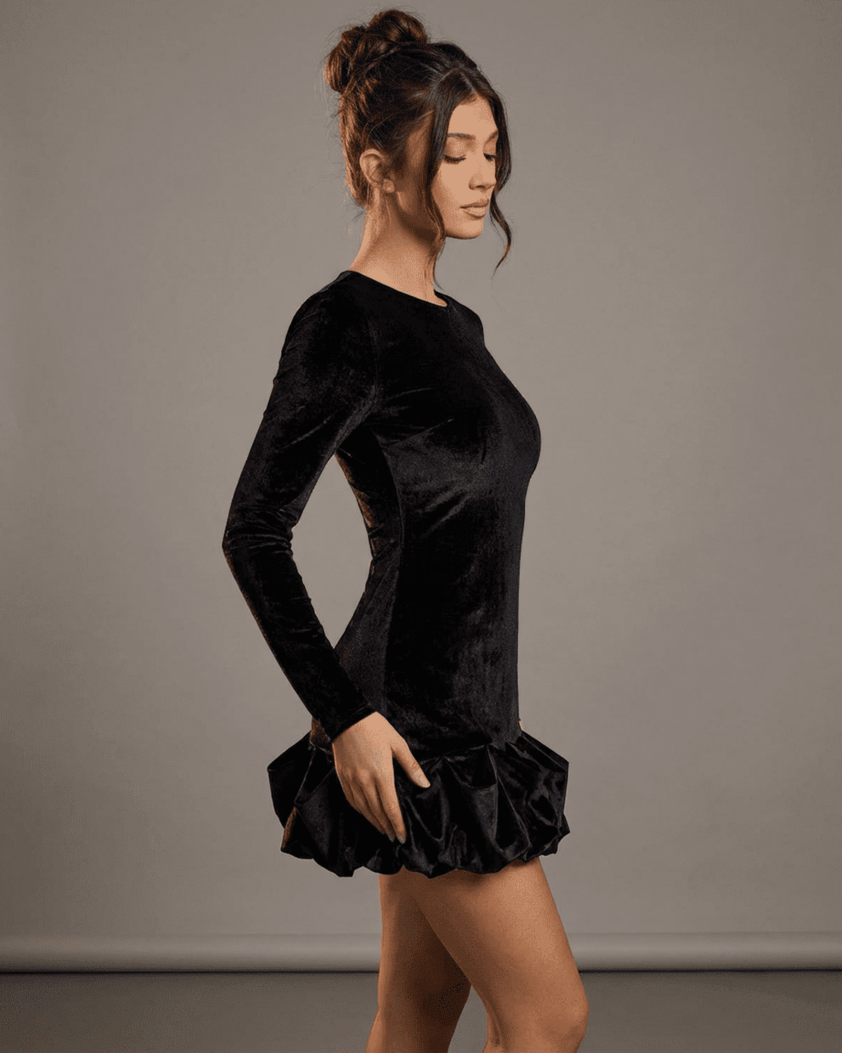 Velora Mini Dress Black by Slimona - Luxe velvet with pleated hem and bodycon fit, ideal for a chic look.