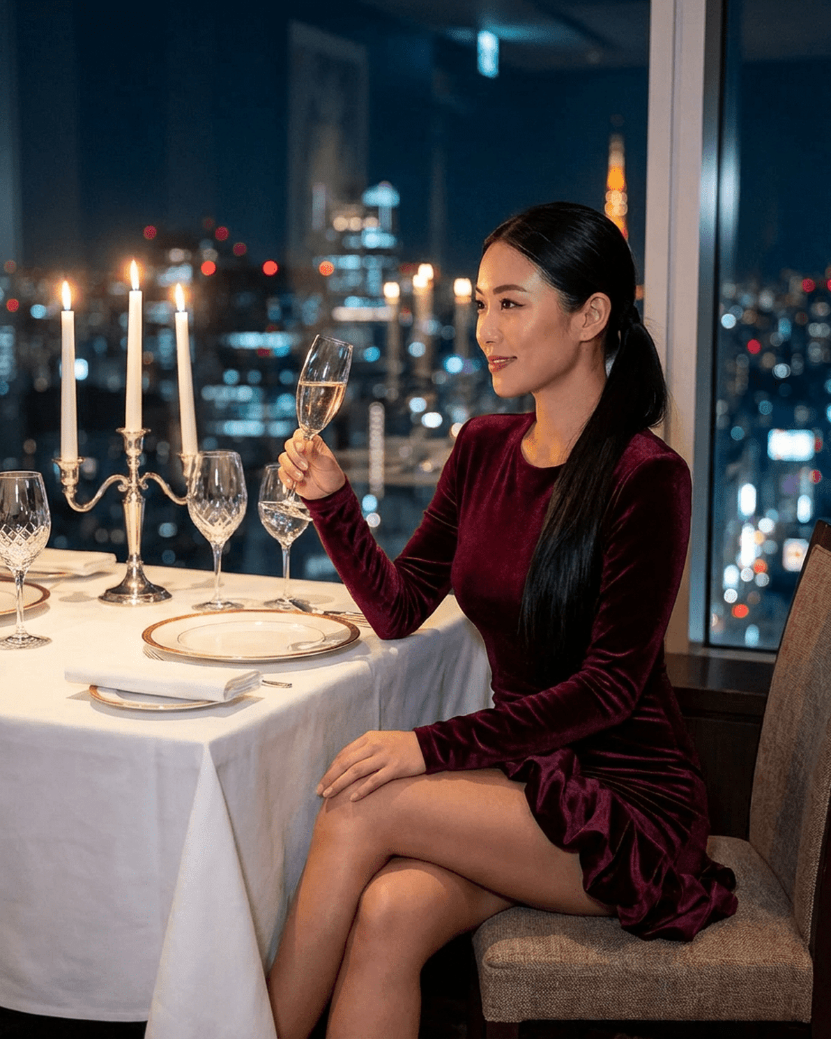 Model wearing Velora Mini Dress by Slimona, enjoying a drink at a beautifully set dinner table with city view.