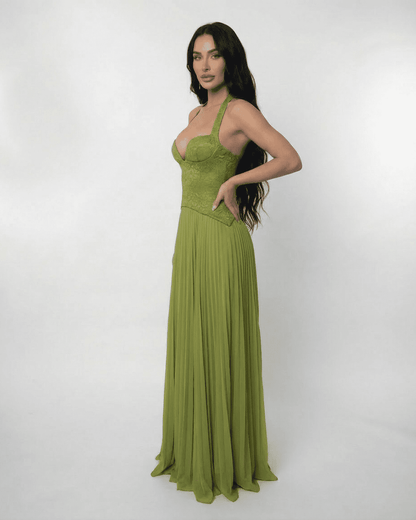 Slimona Verdant Maxi Dress featuring a lace bodice and pleated skirt in rich olive green.