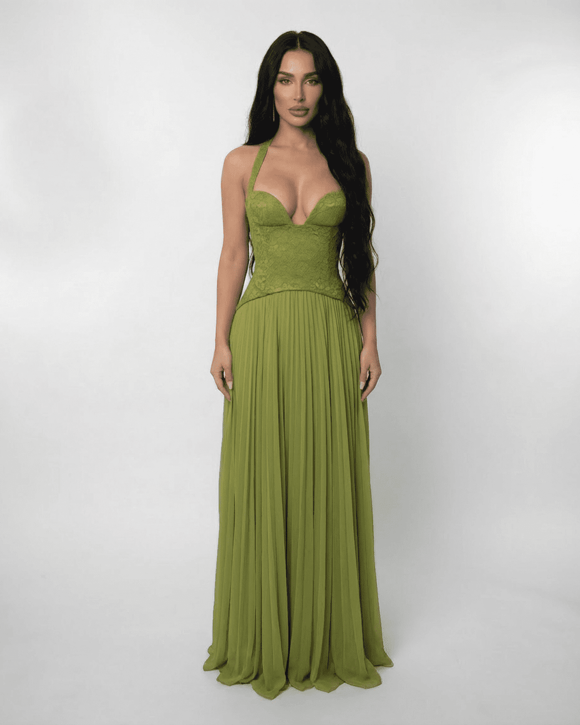 Elegant Verdant Maxi Dress by Slimona features a lace bodice and pleated skirt in sophisticated olive green.