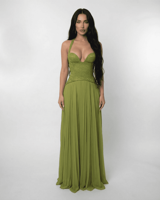 Elegant Verdant Maxi Dress by Slimona features a lace bodice and pleated skirt in sophisticated olive green.