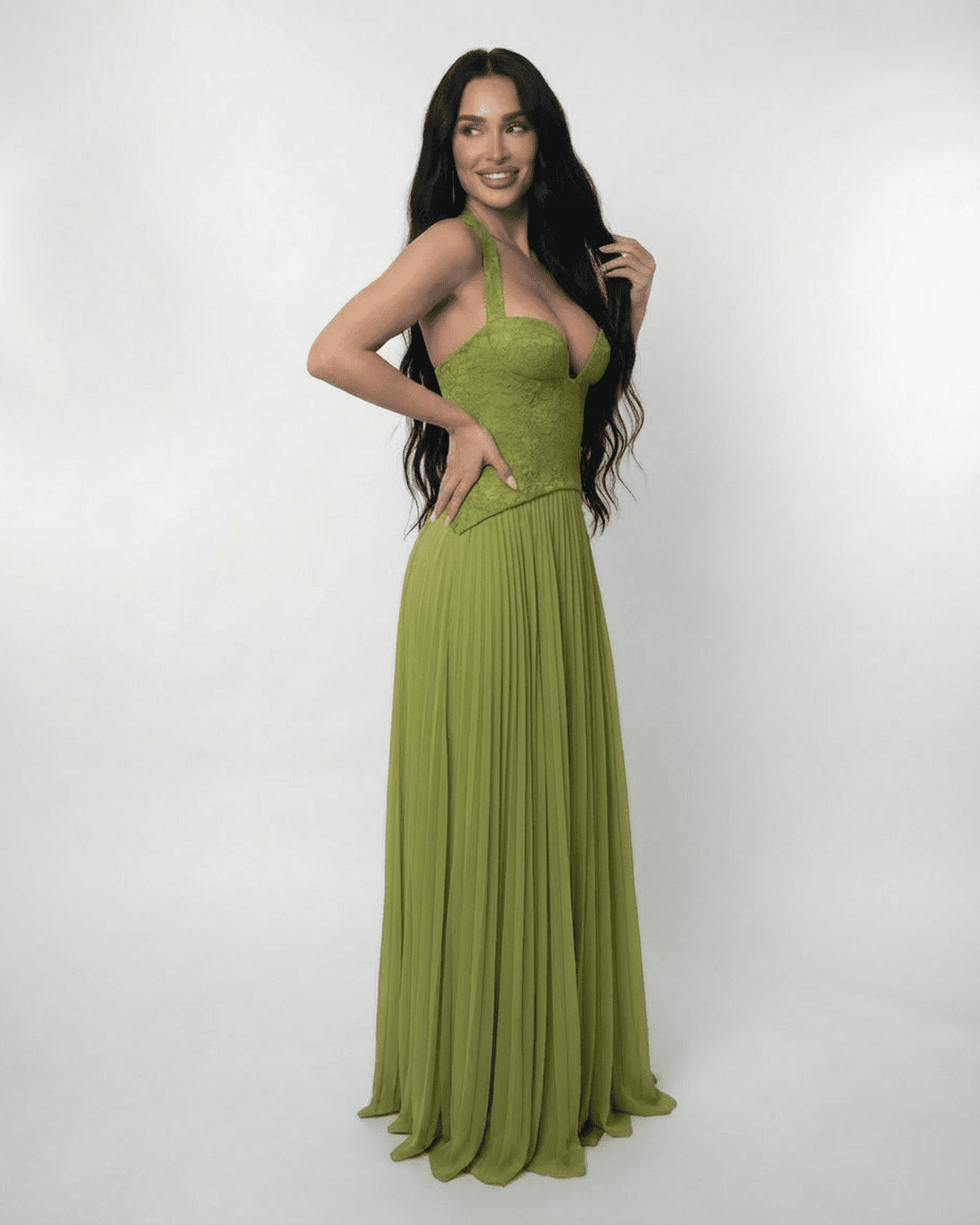 Slimona Verdant Maxi Dress with lace bodice and pleated skirt in olive green, perfect for formal occasions.