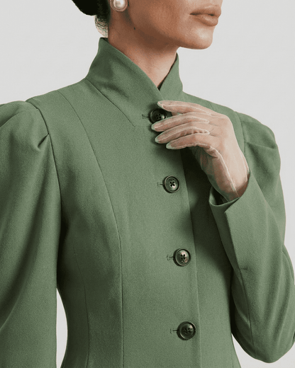 Verdanté Blazer featuring a stand collar and puff sleeves by Slimona, elegant green tailored design for women.
