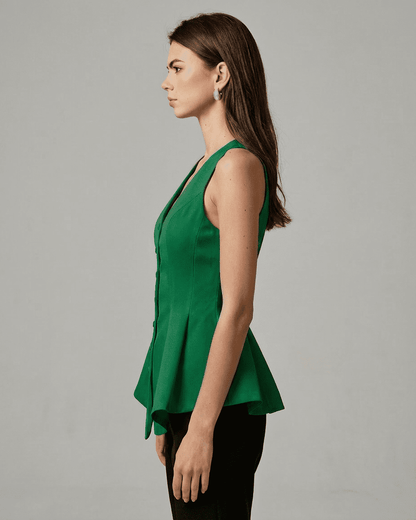 Verona Blouse in elegant green from Slimona, showcasing a tailored sleeveless V-neck design for sophisticated styling.