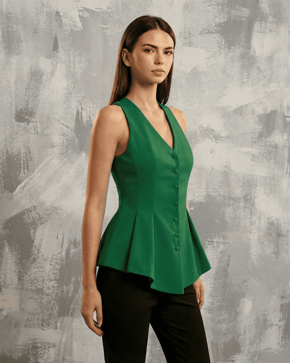 Verona Blouse by Slimona, a satin tailored sleeveless v-neck blouse in elegant green, perfect for sophisticated dressing.